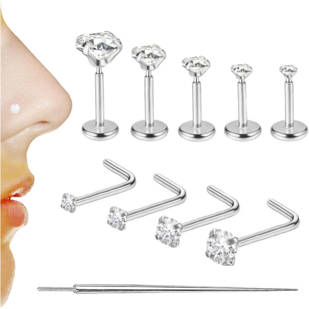 imageORANGELOVE Nose Studs CZ Nose Rings 316L Surgical Steel Hypoallergenic Nostril Tragus Helix Conch Cartilage Ear Earrings Piercing Body Jewelry Sets Labret Studs Lip Rings for Women Men 20G 18GSilver