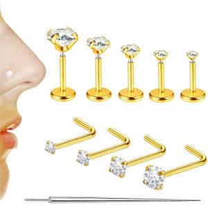 ORANGELOVE Nose Studs CZ Nose Rings 316L Surgical Steel Hypoallergenic Nostril Tragus Helix Conch Cartilage Ear Earrings Piercing Body Jewelry Sets Labret Studs Lip Rings for Women Men 20G 18G(Gold)