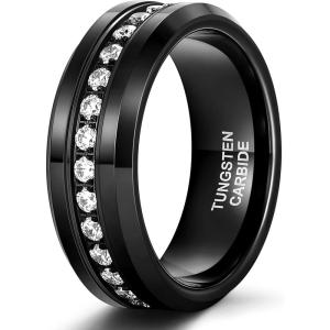 TRUMIUM 6mm 8mm Mens Tungsten Wedding Bands with Cubic Zirconia Eternity Ring CZ Inlaid Black Silver Plated 24K Gold Plated Tungsten Carbied Rings High Polish Size 7-13(8mm Black)