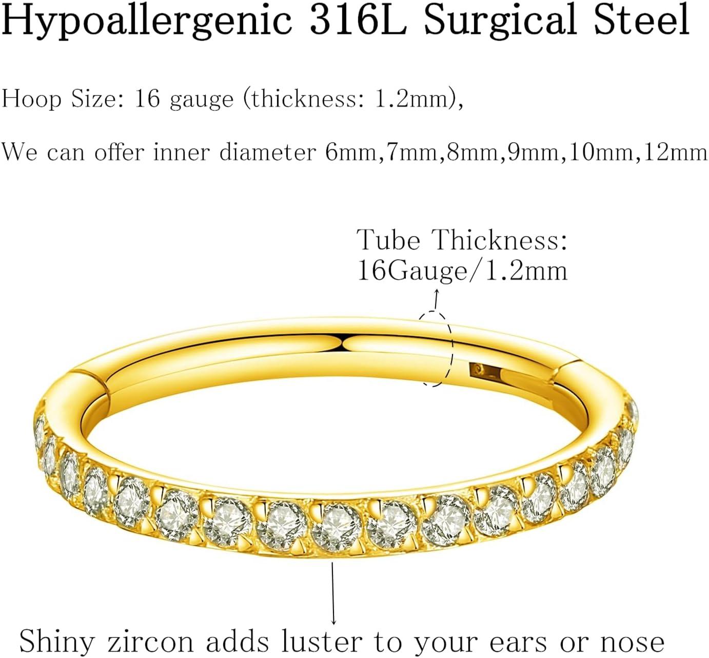 imageORANGELOVE 20G 18G 16G Clear CZ Nose Ring Hoop 316L Surgical Steel Seamless Silver Septum Ring Clicker Jewelry Cartilage Earring Ear Piercing Hoop Earrings for Women Men Helix Rook Lobe Conch Tragus Daith Lip Hinged Piercing Jewelry with Cubic Zirconia2pcsClear CZ 16G 9mm Gold