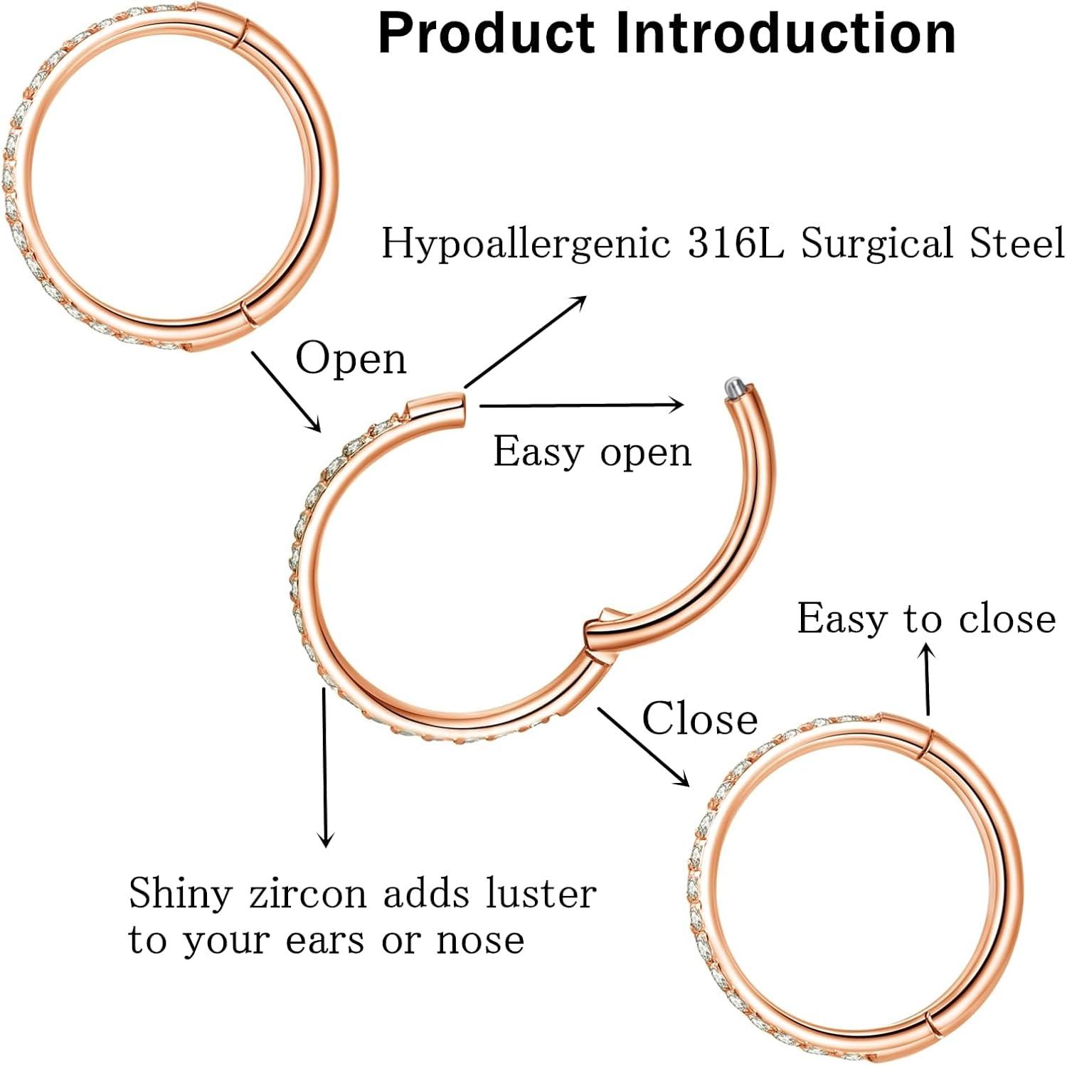 imageORANGELOVE 20G 18G 16G Clear CZ Nose Ring Hoop 316L Surgical Steel Seamless Silver Septum Ring Clicker Jewelry Cartilage Earring Ear Piercing Hoop Earrings for Women Men Helix Rook Lobe Conch Tragus Daith Lip Hinged Piercing Jewelry with Cubic Zirconia2pcsClear CZ 16G 6mm Rose Gold