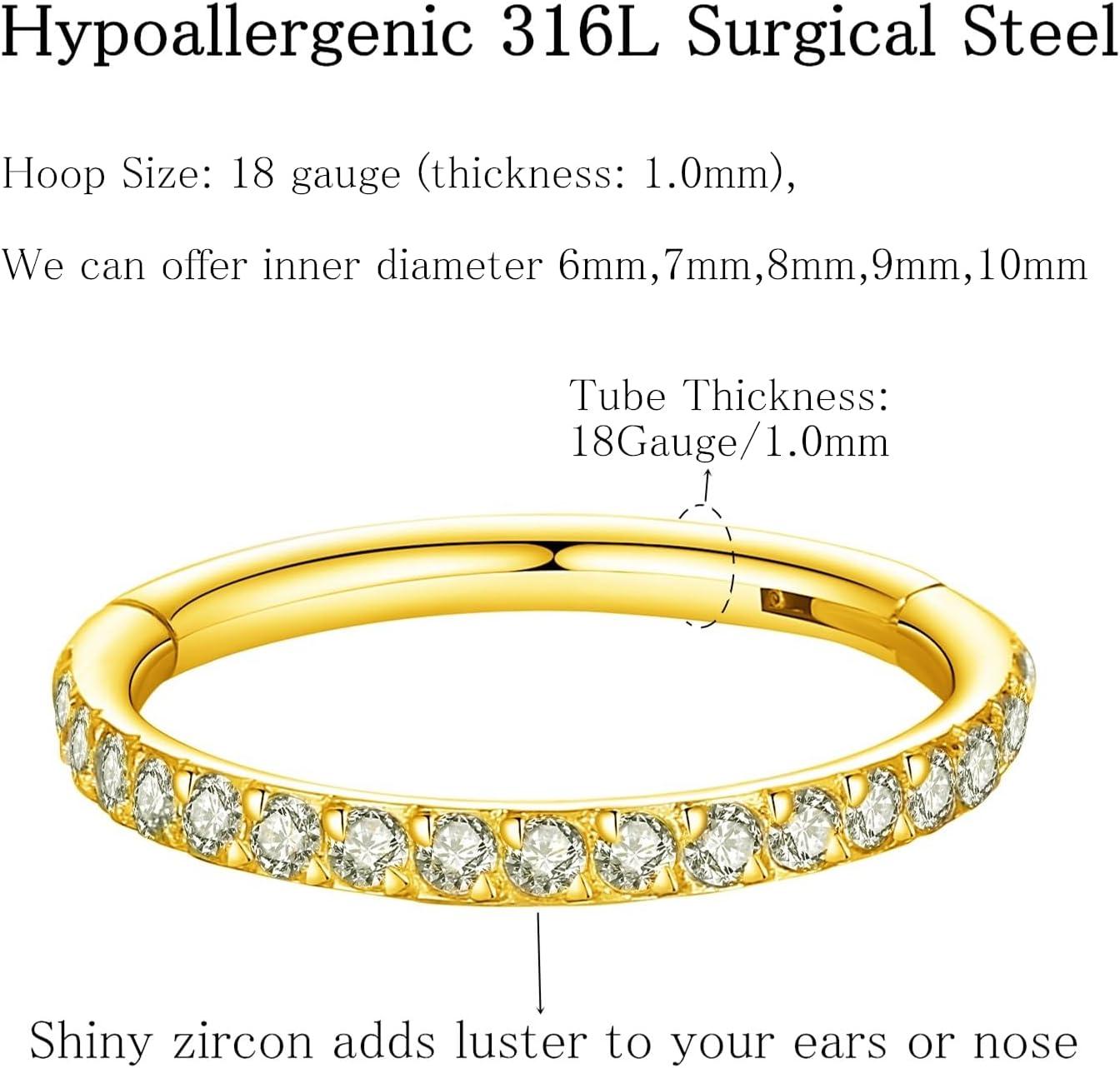 imageORANGELOVE 20G 18G 16G Clear CZ Nose Ring Hoop 316L Surgical Steel Seamless Silver Septum Ring Clicker Jewelry Cartilage Earring Ear Piercing Hoop Earrings for Women Men Helix Rook Lobe Conch Tragus Daith Lip Hinged Piercing Jewelry with Cubic Zirconia2pcsClear CZ 18G 6mm Gold