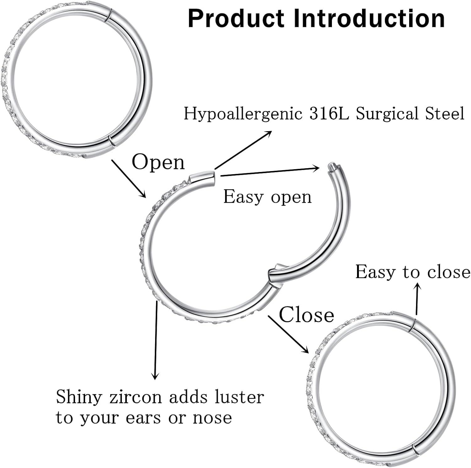 imageORANGELOVE 20G 18G 16G Clear CZ Nose Ring Hoop 316L Surgical Steel Seamless Silver Septum Ring Clicker Jewelry Cartilage Earring Ear Piercing Hoop Earrings for Women Men Helix Rook Lobe Conch Tragus Daith Lip Hinged Piercing Jewelry with Cubic Zirconia2pcsClear CZ 18G 10mm Silver