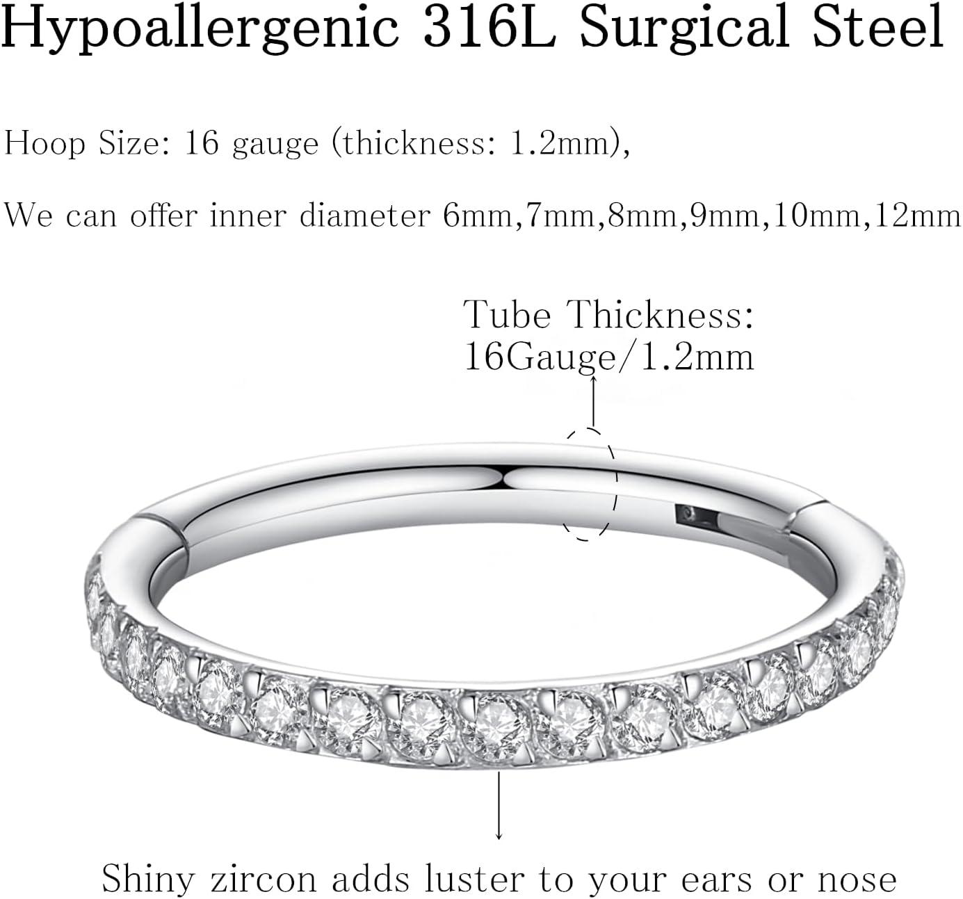 imageORANGELOVE 20G 18G 16G Clear CZ Nose Ring Hoop 316L Surgical Steel Seamless Silver Septum Ring Clicker Jewelry Cartilage Earring Ear Piercing Hoop Earrings for Women Men Helix Rook Lobe Conch Tragus Daith Lip Hinged Piercing Jewelry with Cubic Zirconia2pcsClear CZ 16G 10mm Silver