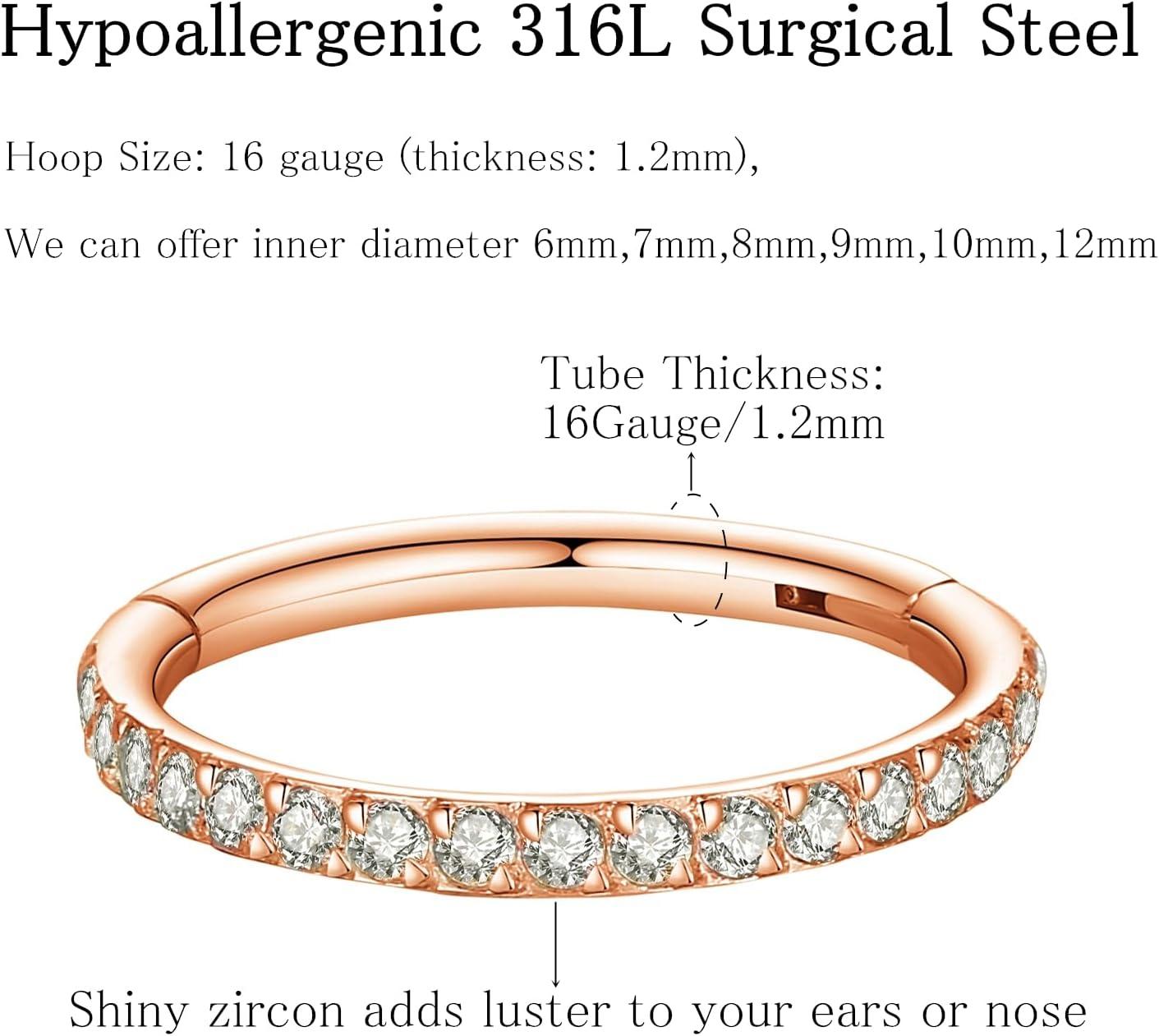 imageORANGELOVE 20G 18G 16G Clear CZ Nose Ring Hoop 316L Surgical Steel Seamless Silver Septum Ring Clicker Jewelry Cartilage Earring Ear Piercing Hoop Earrings for Women Men Helix Rook Lobe Conch Tragus Daith Lip Hinged Piercing Jewelry with Cubic Zirconia2pcsClear CZ 16G 12mm Rose Gold