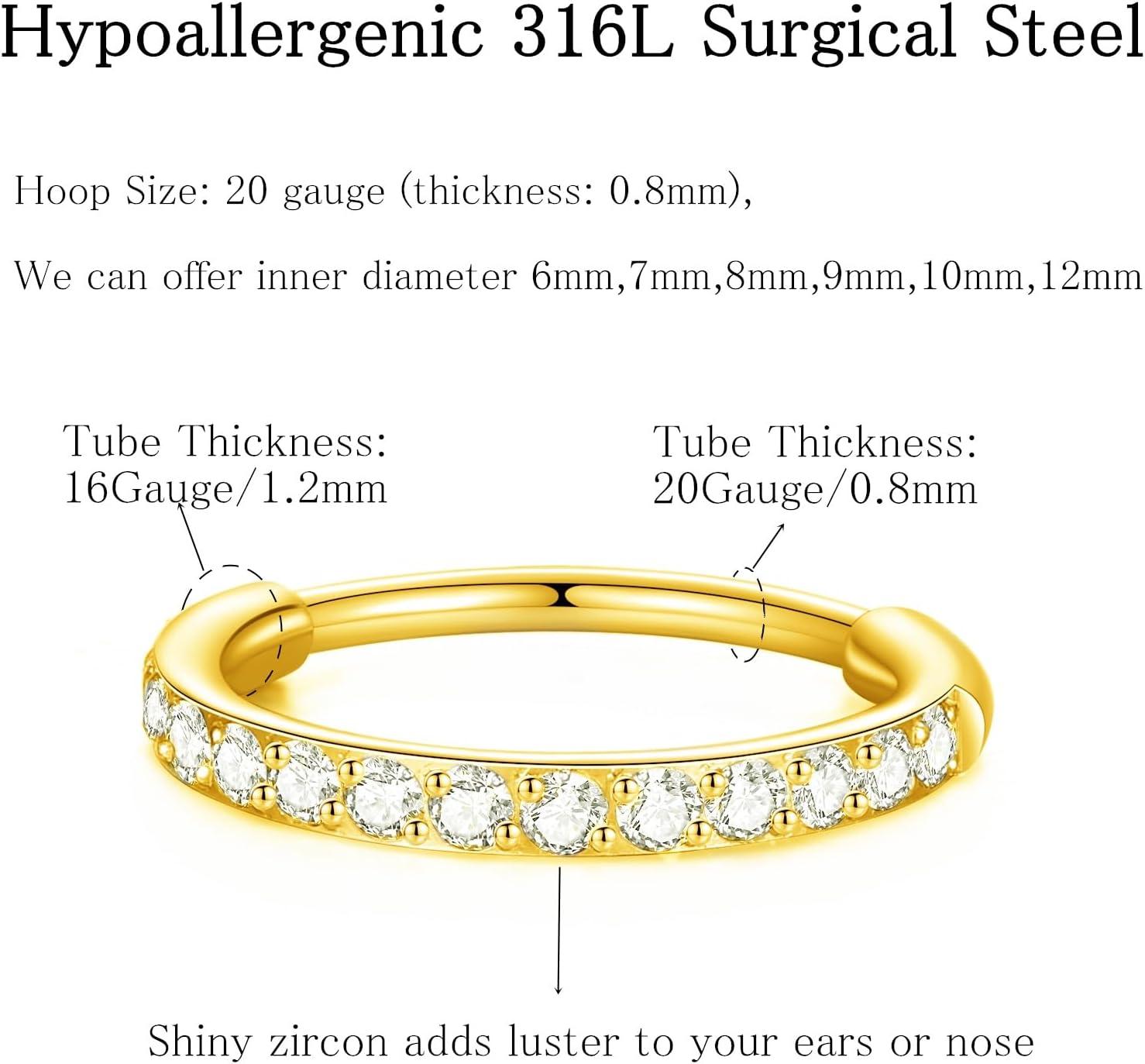 imageORANGELOVE 20G 18G 16G Clear CZ Nose Ring Hoop 316L Surgical Steel Seamless Silver Septum Ring Clicker Jewelry Cartilage Earring Ear Piercing Hoop Earrings for Women Men Helix Rook Lobe Conch Tragus Daith Lip Hinged Piercing Jewelry with Cubic Zirconia2pcsClear CZ 20G 12mm Gold