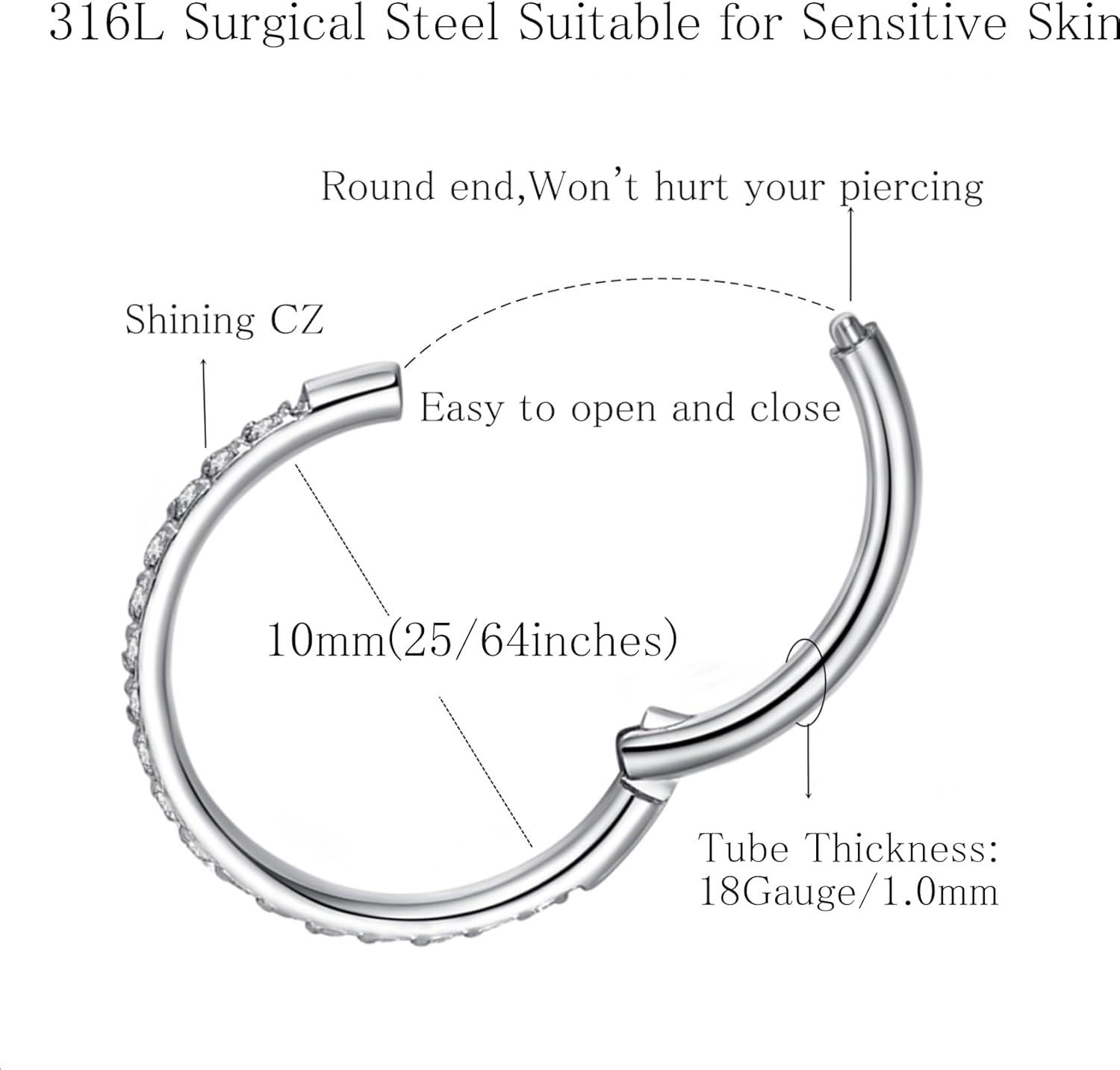 imageORANGELOVE 20G 18G 16G Clear CZ Nose Ring Hoop 316L Surgical Steel Seamless Silver Septum Ring Clicker Jewelry Cartilage Earring Ear Piercing Hoop Earrings for Women Men Helix Rook Lobe Conch Tragus Daith Lip Hinged Piercing Jewelry with Cubic Zirconia2pcsClear CZ 18G 10mm Silver