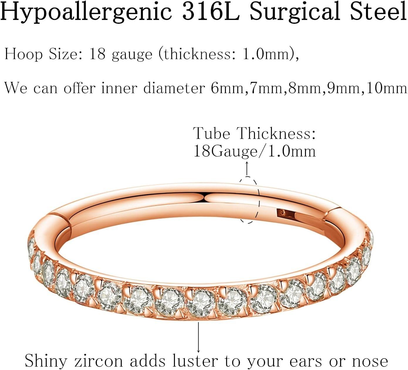imageORANGELOVE 20G 18G 16G Clear CZ Nose Ring Hoop 316L Surgical Steel Seamless Silver Septum Ring Clicker Jewelry Cartilage Earring Ear Piercing Hoop Earrings for Women Men Helix Rook Lobe Conch Tragus Daith Lip Hinged Piercing Jewelry with Cubic Zirconia2pcsClear CZ 18G 7mm Rose Gold