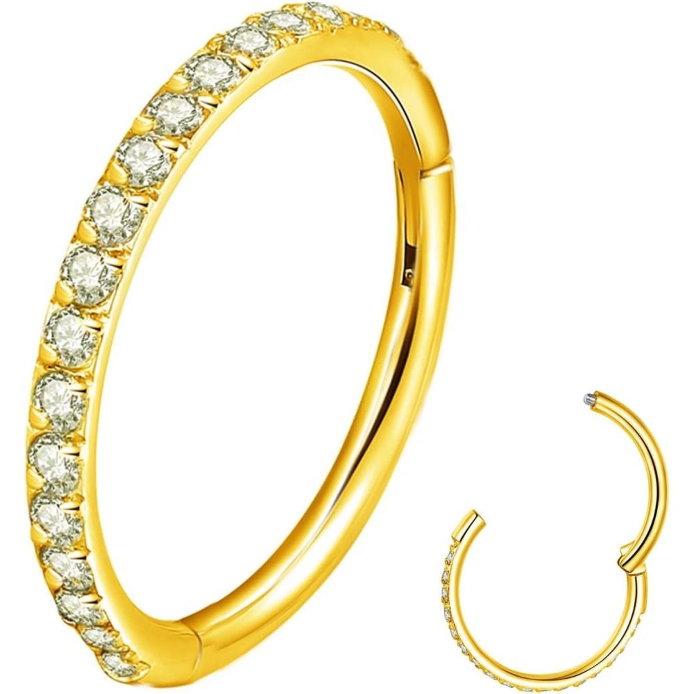 imageORANGELOVE 20G 18G 16G Clear CZ Nose Ring Hoop 316L Surgical Steel Seamless Silver Septum Ring Clicker Jewelry Cartilage Earring Ear Piercing Hoop Earrings for Women Men Helix Rook Lobe Conch Tragus Daith Lip Hinged Piercing Jewelry with Cubic Zirconia1pcClear CZ 18G 8mm Gold