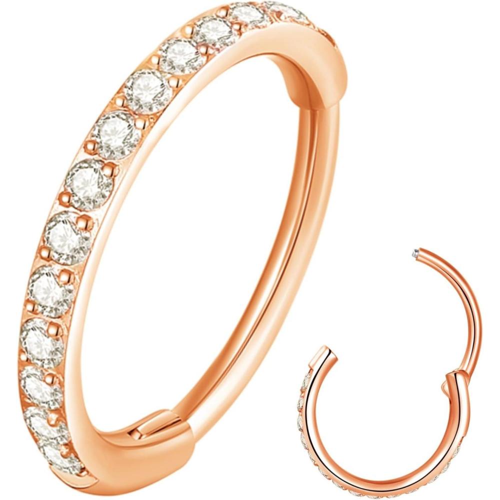 imageORANGELOVE 20G 18G 16G Clear CZ Nose Ring Hoop 316L Surgical Steel Seamless Silver Septum Ring Clicker Jewelry Cartilage Earring Ear Piercing Hoop Earrings for Women Men Helix Rook Lobe Conch Tragus Daith Lip Hinged Piercing Jewelry with Cubic Zirconia2pcsClear CZ 20G 7mm Rose Gold