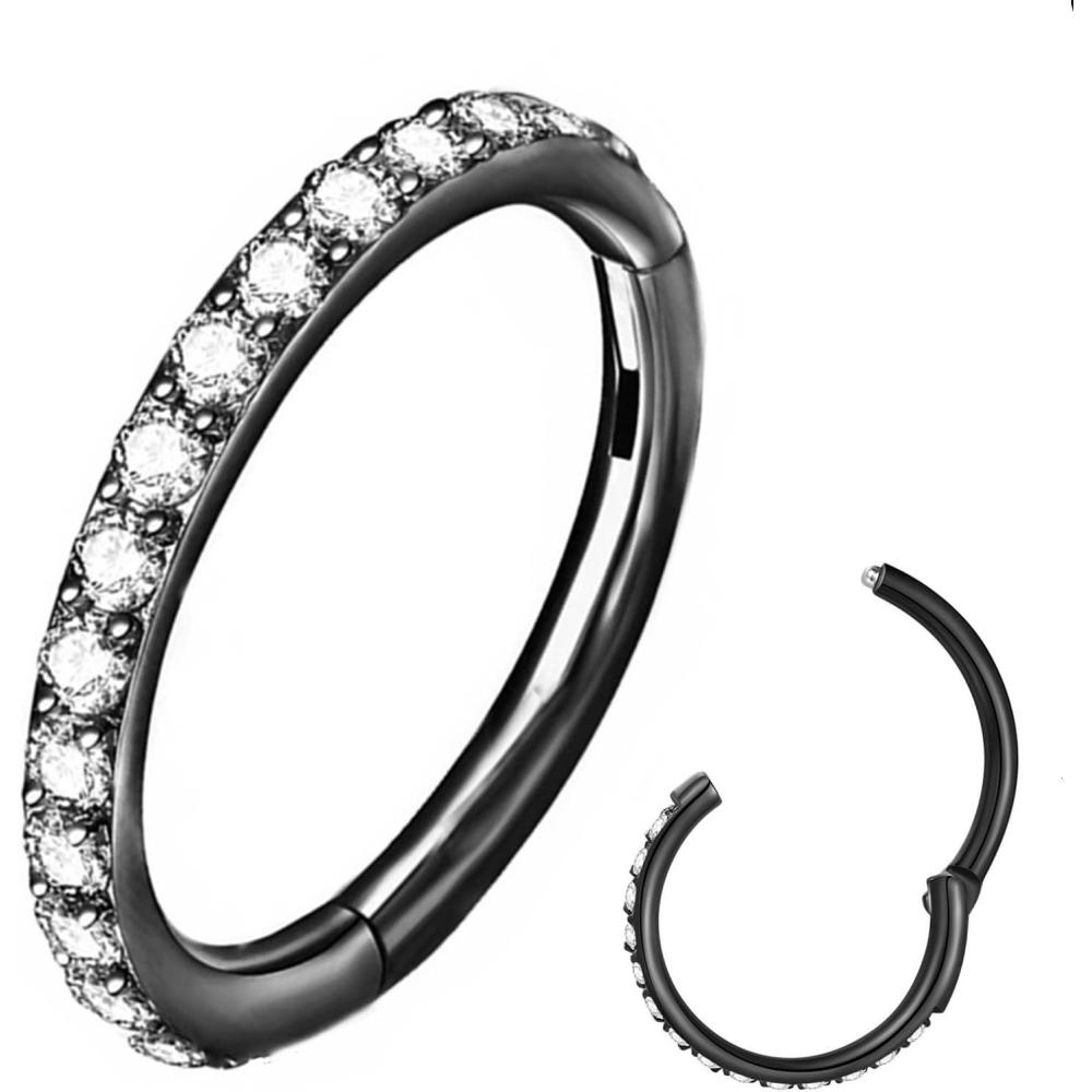 imageORANGELOVE 20G 18G 16G Clear CZ Nose Ring Hoop 316L Surgical Steel Seamless Silver Septum Ring Clicker Jewelry Cartilage Earring Ear Piercing Hoop Earrings for Women Men Helix Rook Lobe Conch Tragus Daith Lip Hinged Piercing Jewelry with Cubic Zirconia1pcClear CZ 18G 10mm Black