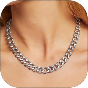 ChainsHouse Cuban Link Chain for Women Chunky Gold Necklace Stainless Steel/Gold Plated Choker Necklaces for Women, 12/16/20 mm Width Thick Chain Choker Punk Hip-Hop Jewelry,18-20″(D: 12mm-Steel)