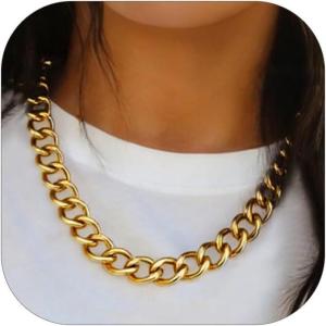 ChainsHouse Cuban Link Chain for Women Chunky Gold Necklace Stainless Steel/Gold Plated Choker Necklaces for Women, 12/16/20 mm Width Thick Chain Choker Punk Hip-Hop Jewelry,18-20″(B: 16mm-Gold)