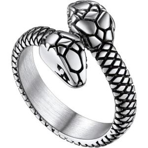 ChainsHouse Men Women Stainless Steel/18K Gold Plated/Black Snake Ring, Retro Punk Gothic Jewelry Antique Octopus Serpent Reptile Rings (with Gift Box)(02-Two-headed-Steel)
