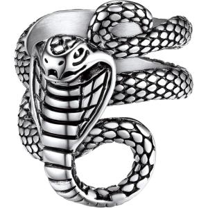 ChainsHouse Men Women Stainless Steel/18K Gold Plated/Black Snake Ring, Retro Punk Gothic Jewelry Antique Octopus Serpent Reptile Rings (with Gift Box)(03-Cobra-Steel)