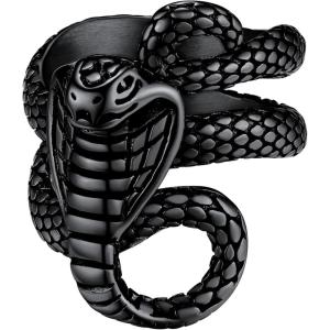 ChainsHouse Men Women Stainless Steel/18K Gold Plated/Black Snake Ring, Retro Punk Gothic Jewelry Antique Octopus Serpent Reptile Rings (with Gift Box)(03-Cobra-Black)