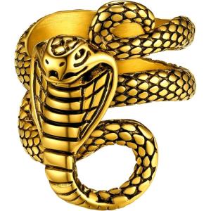 ChainsHouse Men Women Stainless Steel/18K Gold Plated/Black Snake Ring, Retro Punk Gothic Jewelry Antique Octopus Serpent Reptile Rings (with Gift Box)(03-Cobra-Gold)