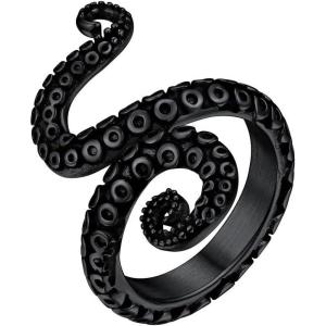 ChainsHouse Men Women Stainless Steel/18K Gold Plated/Black Snake Ring, Retro Punk Gothic Jewelry Antique Octopus Serpent Reptile Rings (with Gift Box)(04-Octopus-2 Whiskers-Black)