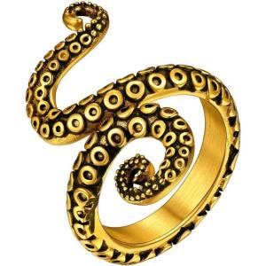 ChainsHouse Men Women Stainless Steel/18K Gold Plated/Black Snake Ring, Retro Punk Gothic Jewelry Antique Octopus Serpent Reptile Rings (with Gift Box)(04-Octopus-2 Whiskers-Gold)