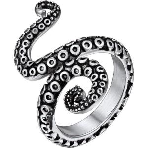 ChainsHouse Men Women Stainless Steel/18K Gold Plated/Black Snake Ring, Retro Punk Gothic Jewelry Antique Octopus Serpent Reptile Rings (with Gift Box)(04-Octopus-2 Whiskers-Steel)