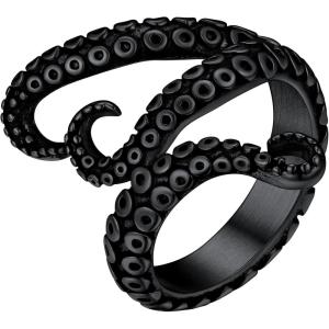 ChainsHouse Men Women Stainless Steel/18K Gold Plated/Black Snake Ring, Retro Punk Gothic Jewelry Antique Octopus Serpent Reptile Rings (with Gift Box)(05-Octopus-3 Whiskers-Black)