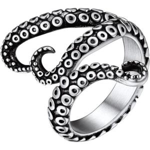 ChainsHouse Men Women Stainless Steel/18K Gold Plated/Black Snake Ring, Retro Punk Gothic Jewelry Antique Octopus Serpent Reptile Rings (with Gift Box)(05-Octopus-3 Whiskers-Steel)