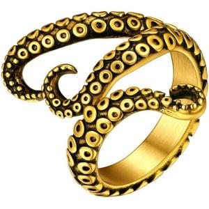 ChainsHouse Men Women Stainless Steel/18K Gold Plated/Black Snake Ring, Retro Punk Gothic Jewelry Antique Octopus Serpent Reptile Rings (with Gift Box)(05-Octopus-3 Whiskers-Gold)