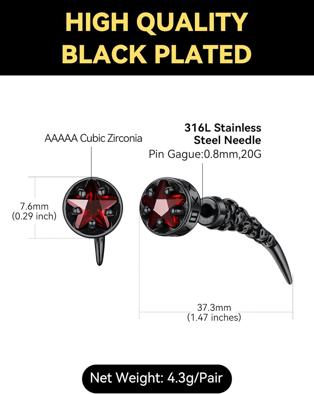 imageChainsHouse Mens Punk Chain Earrings with RedBlack Cubic Zirconia Studs Stainless Steel Hypoallergenic Drop Earrings for Men Hip Hop Street Style Jewelryc Red CZBlack Fang Stud