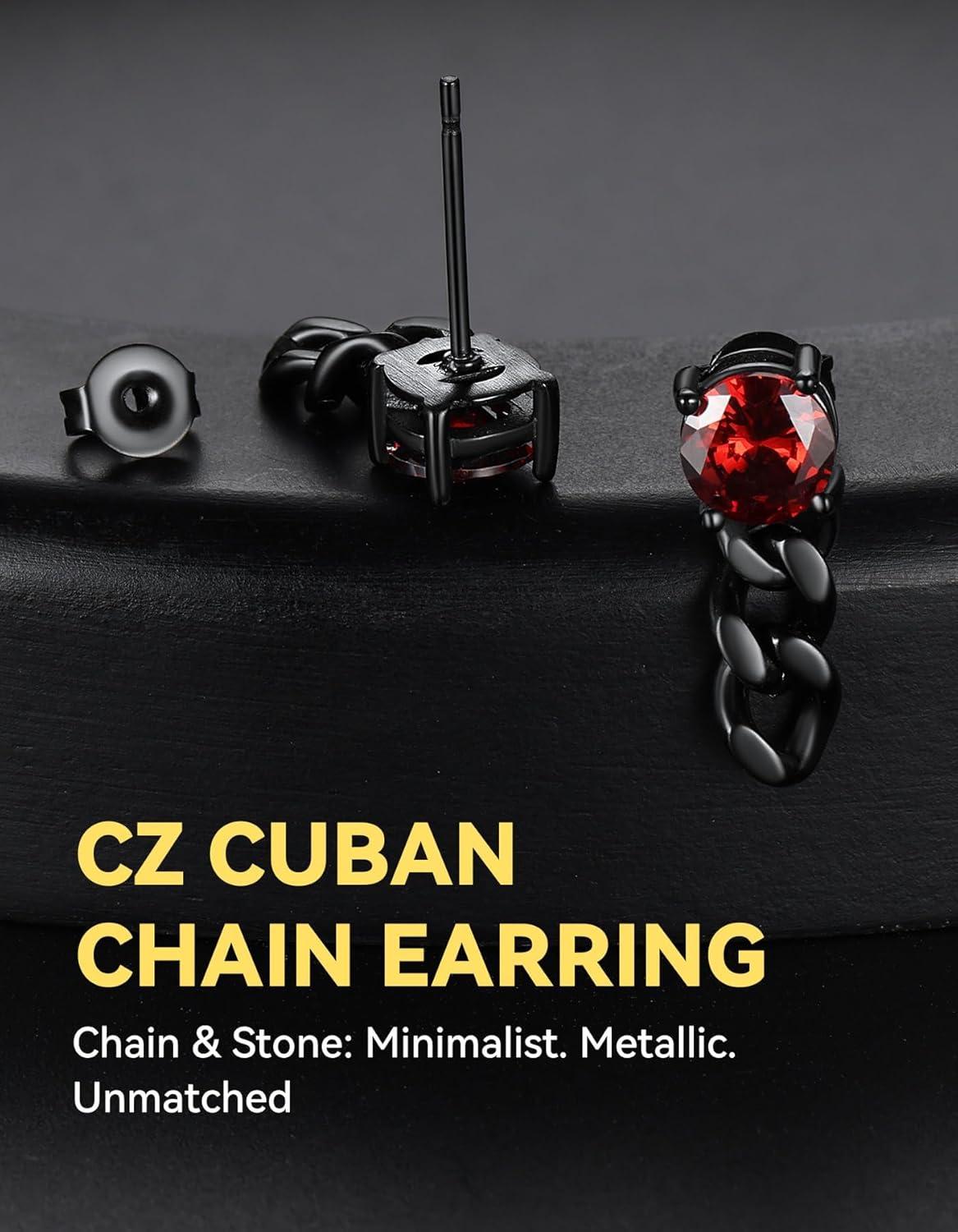 imageChainsHouse Mens Punk Chain Earrings with RedBlack Cubic Zirconia Studs Stainless Steel Hypoallergenic Drop Earrings for Men Hip Hop Street Style Jewelryg Red CZ Black Chain
