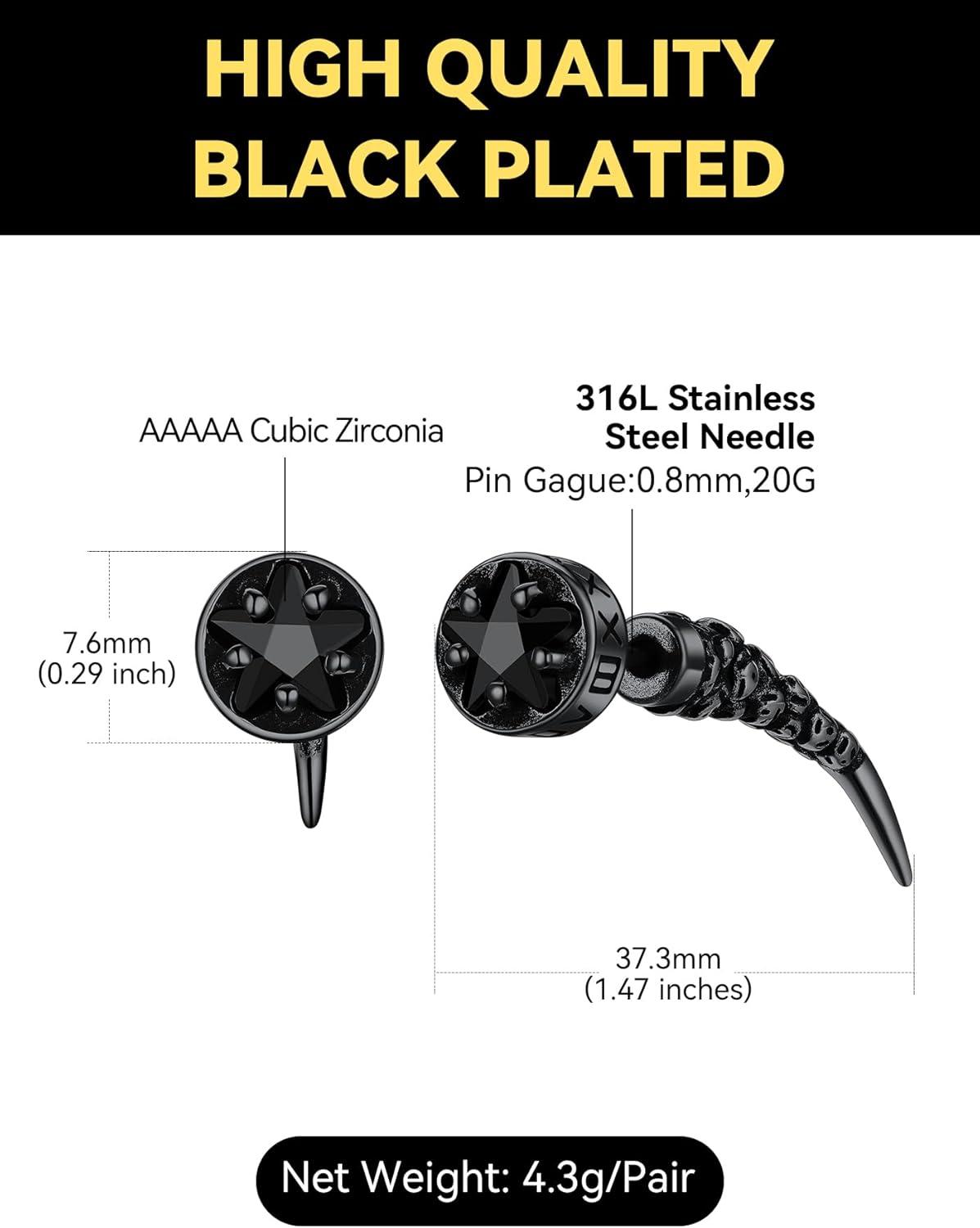 imageChainsHouse Mens Punk Chain Earrings with RedBlack Cubic Zirconia Studs Stainless Steel Hypoallergenic Drop Earrings for Men Hip Hop Street Style Jewelryd Black CZBlack Fang Stud