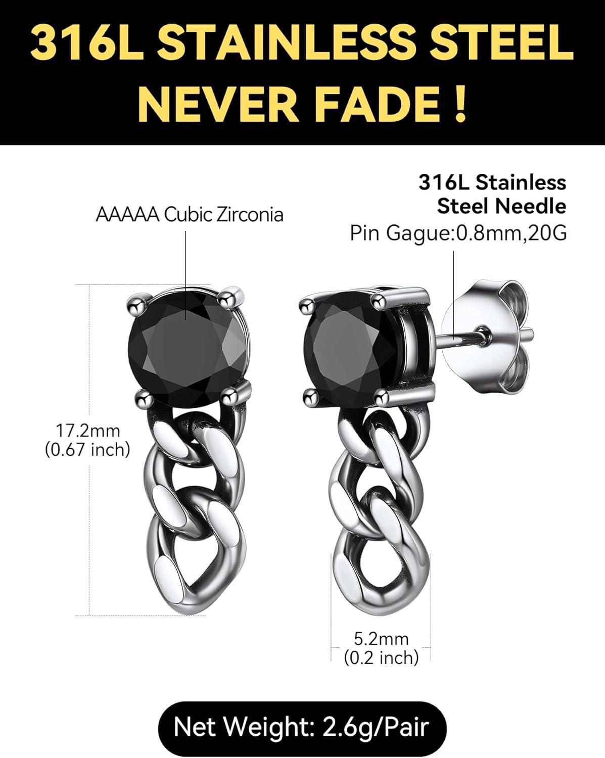 imageChainsHouse Mens Punk Chain Earrings with RedBlack Cubic Zirconia Studs Stainless Steel Hypoallergenic Drop Earrings for Men Hip Hop Street Style Jewelryf Black CZ Steel Chain