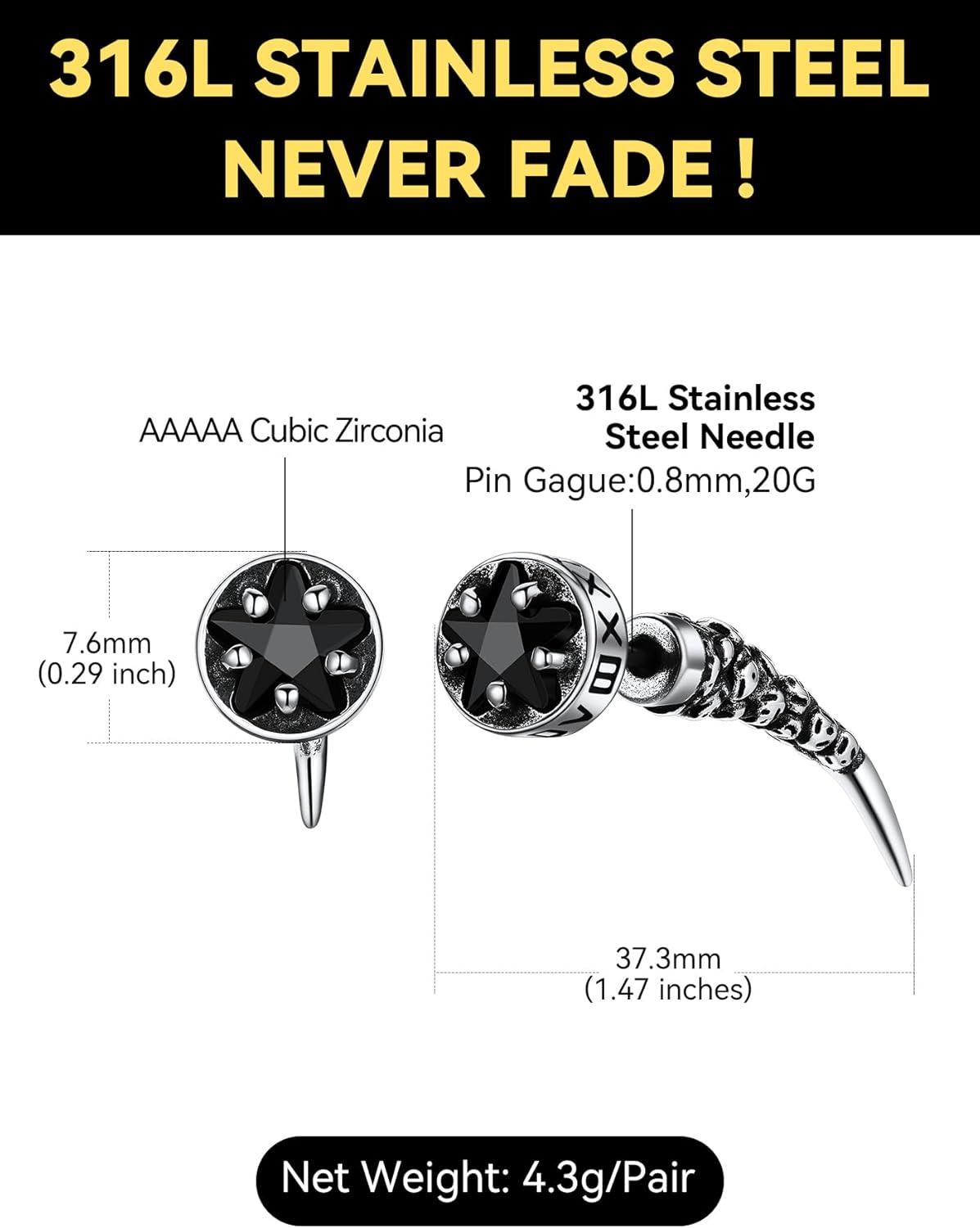 imageChainsHouse Mens Punk Chain Earrings with RedBlack Cubic Zirconia Studs Stainless Steel Hypoallergenic Drop Earrings for Men Hip Hop Street Style Jewelryb Black CZSteel Fang Stud