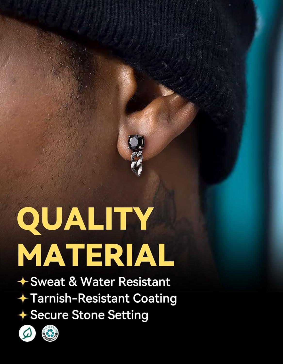 imageChainsHouse Mens Punk Chain Earrings with RedBlack Cubic Zirconia Studs Stainless Steel Hypoallergenic Drop Earrings for Men Hip Hop Street Style Jewelryf Black CZ Steel Chain