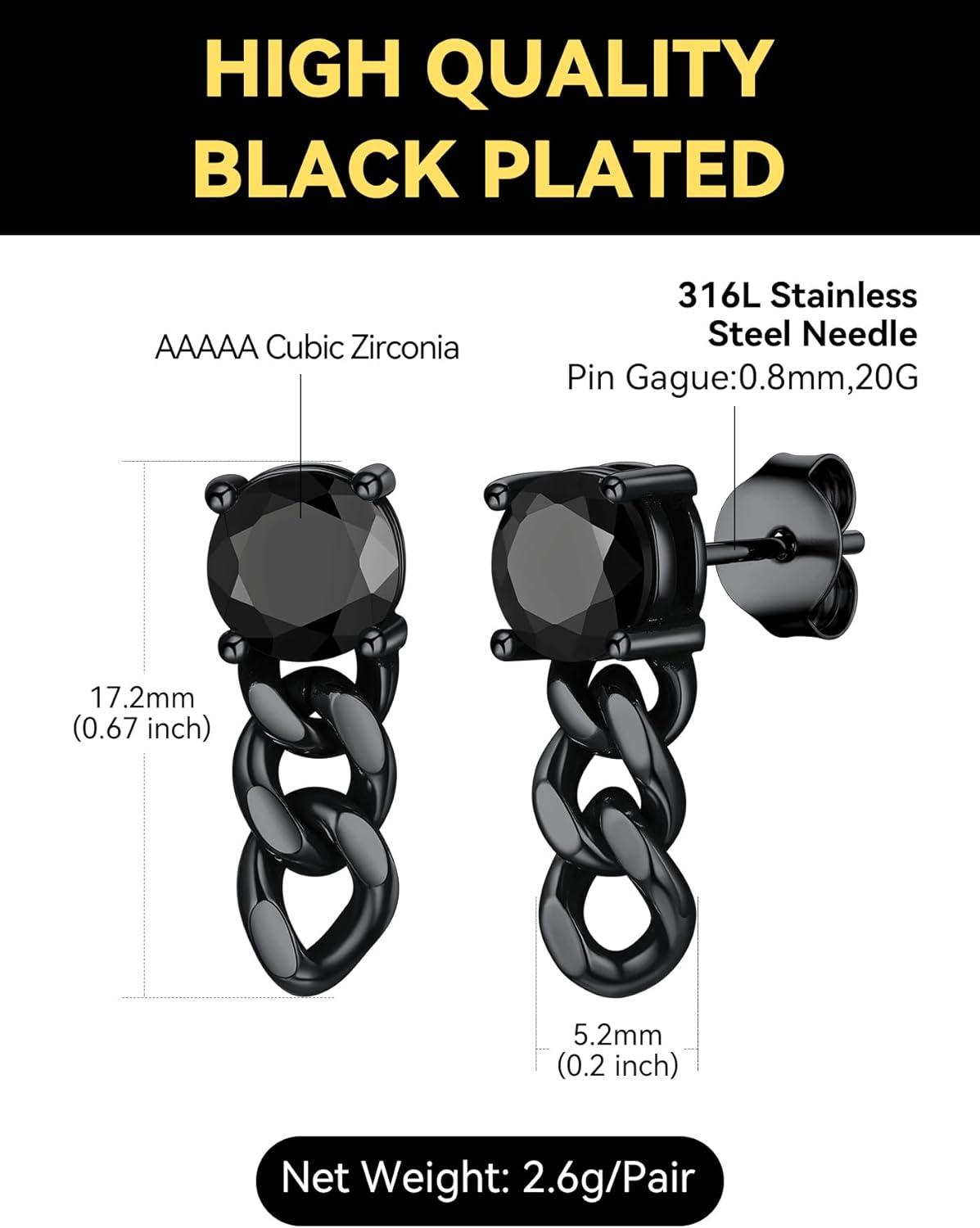 imageChainsHouse Mens Punk Chain Earrings with RedBlack Cubic Zirconia Studs Stainless Steel Hypoallergenic Drop Earrings for Men Hip Hop Street Style Jewelryh Black CZ Black Chain