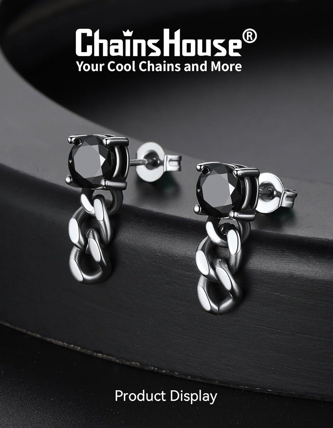 imageChainsHouse Mens Punk Chain Earrings with RedBlack Cubic Zirconia Studs Stainless Steel Hypoallergenic Drop Earrings for Men Hip Hop Street Style Jewelryf Black CZ Steel Chain