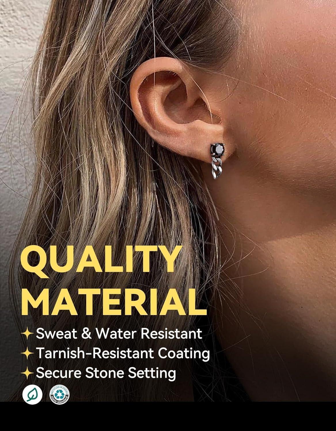imageChainsHouse Mens Punk Chain Earrings with RedBlack Cubic Zirconia Studs Stainless Steel Hypoallergenic Drop Earrings for Men Hip Hop Street Style Jewelryh Black CZ Black Chain
