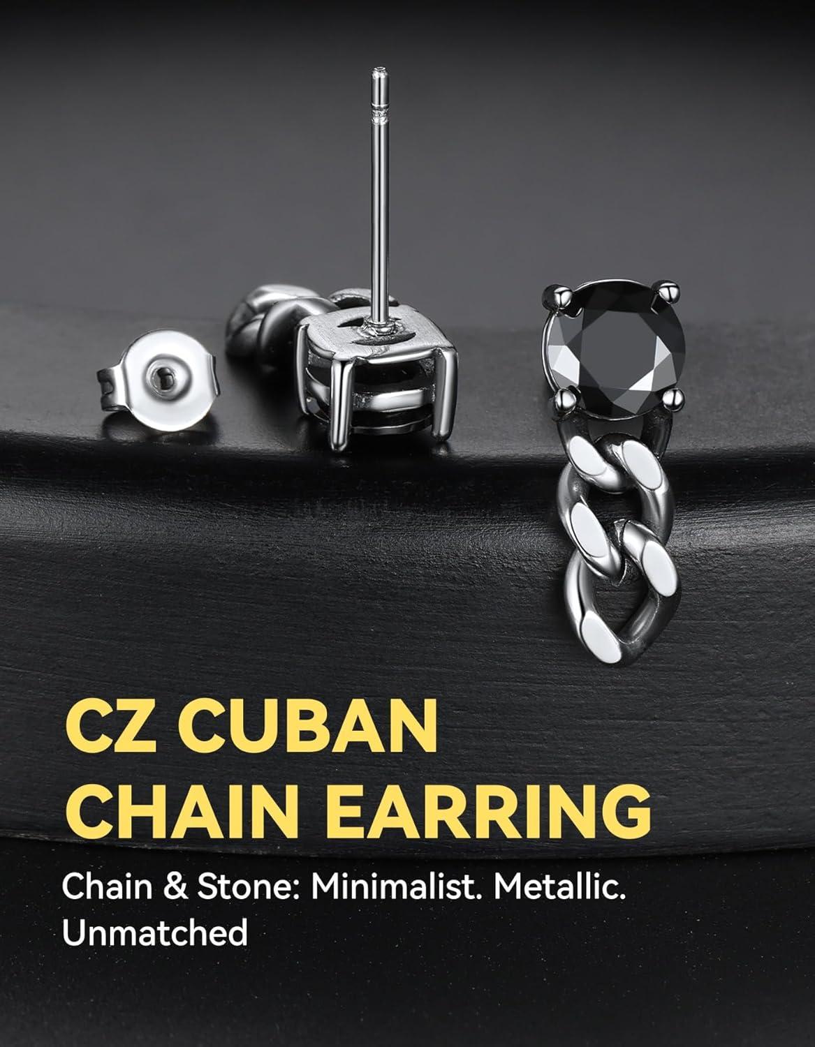 imageChainsHouse Mens Punk Chain Earrings with RedBlack Cubic Zirconia Studs Stainless Steel Hypoallergenic Drop Earrings for Men Hip Hop Street Style Jewelryf Black CZ Steel Chain