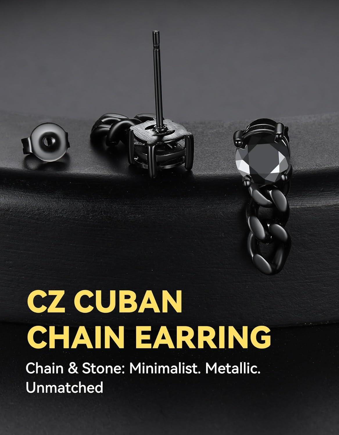 imageChainsHouse Mens Punk Chain Earrings with RedBlack Cubic Zirconia Studs Stainless Steel Hypoallergenic Drop Earrings for Men Hip Hop Street Style Jewelryh Black CZ Black Chain
