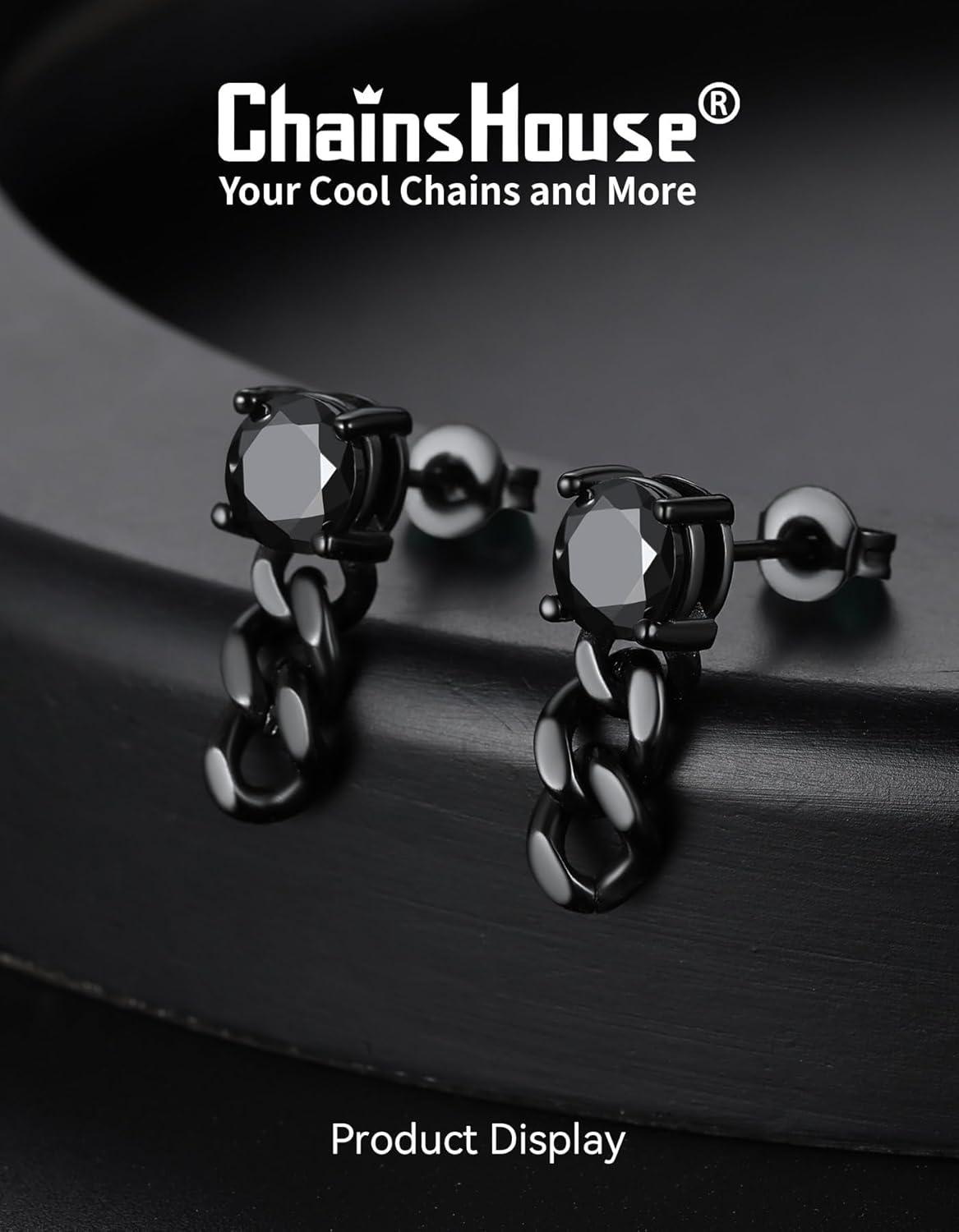 imageChainsHouse Mens Punk Chain Earrings with RedBlack Cubic Zirconia Studs Stainless Steel Hypoallergenic Drop Earrings for Men Hip Hop Street Style Jewelryh Black CZ Black Chain