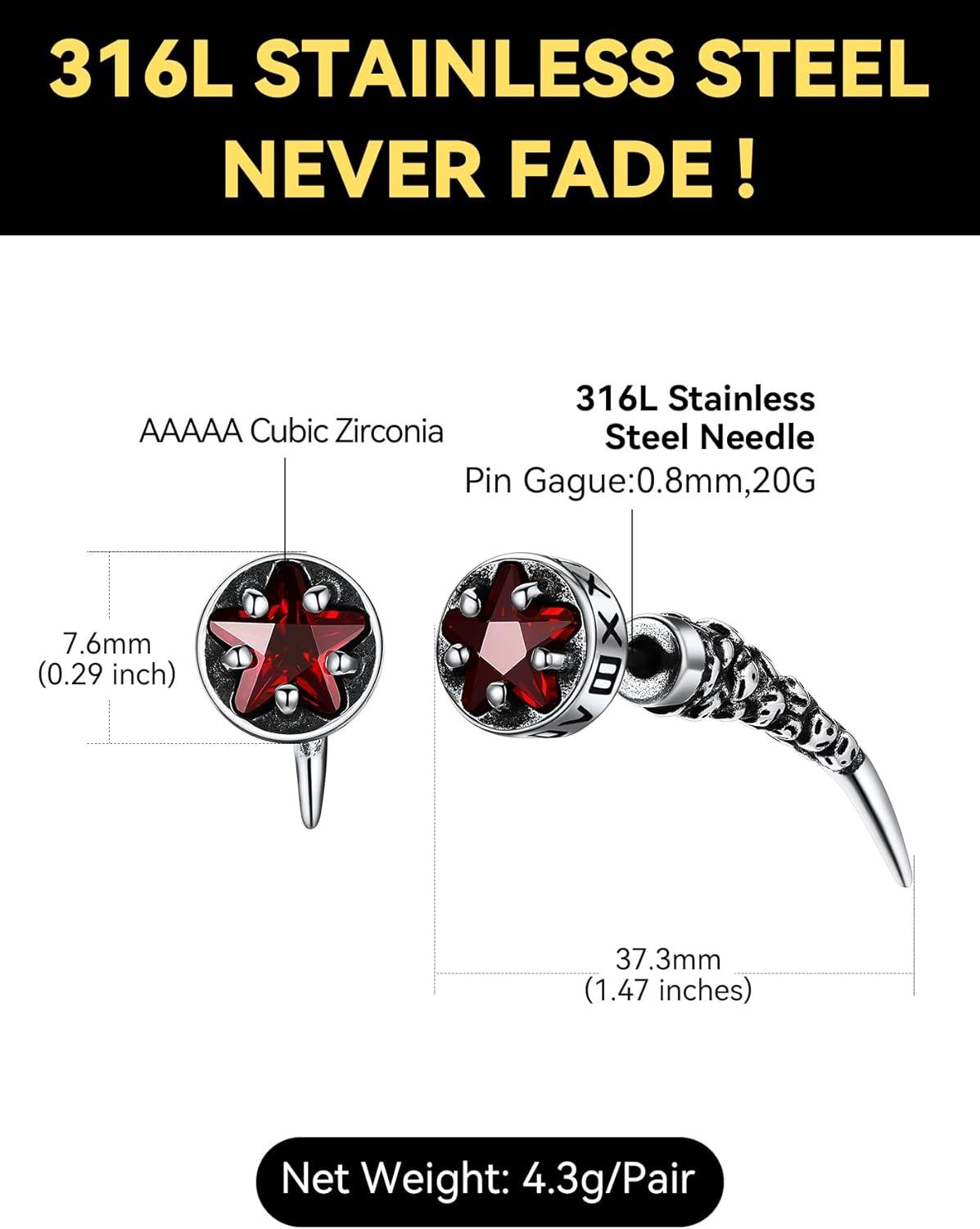 imageChainsHouse Mens Punk Chain Earrings with RedBlack Cubic Zirconia Studs Stainless Steel Hypoallergenic Drop Earrings for Men Hip Hop Street Style Jewelrya Red CZSteel Fang Stud