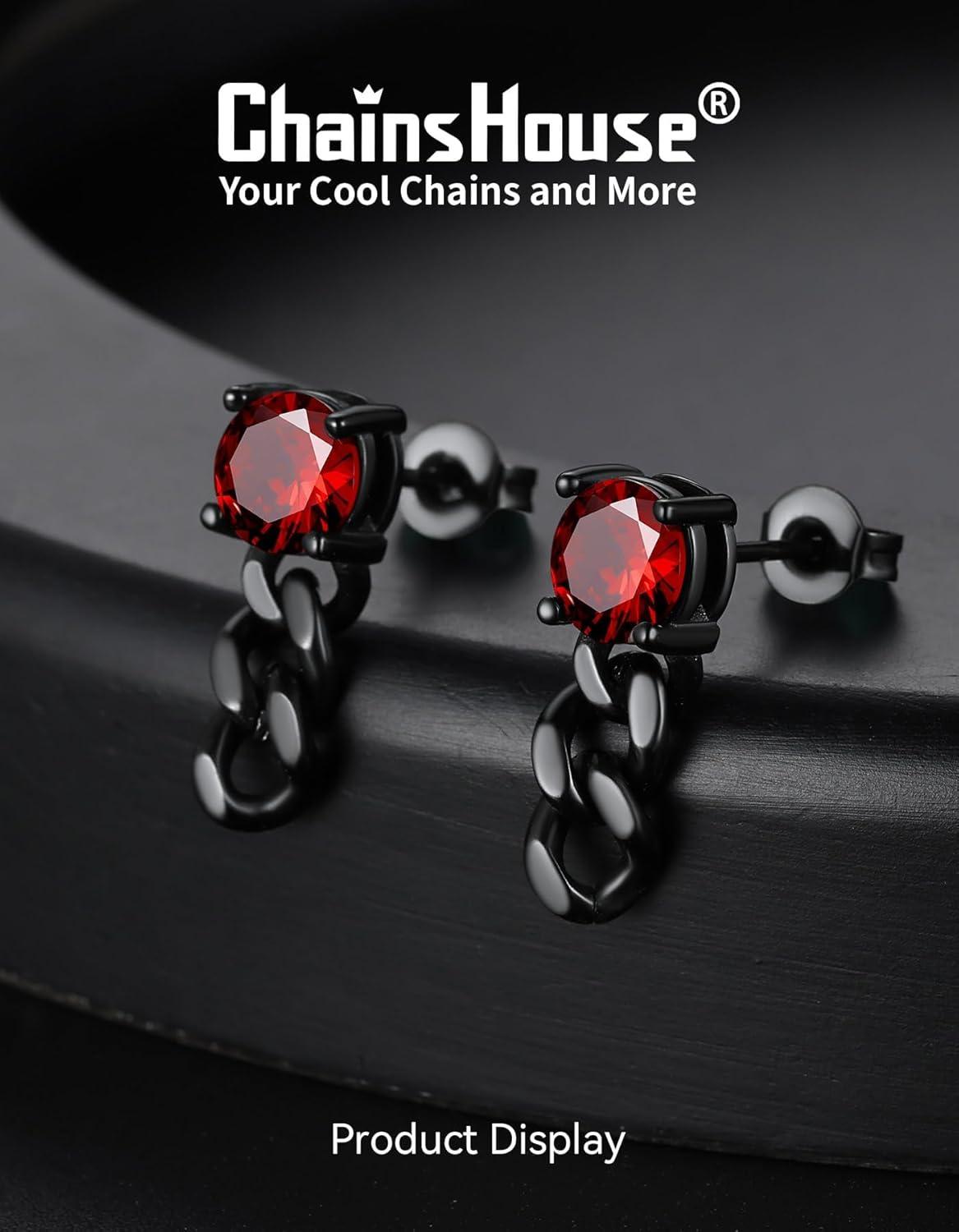 imageChainsHouse Mens Punk Chain Earrings with RedBlack Cubic Zirconia Studs Stainless Steel Hypoallergenic Drop Earrings for Men Hip Hop Street Style Jewelryg Red CZ Black Chain