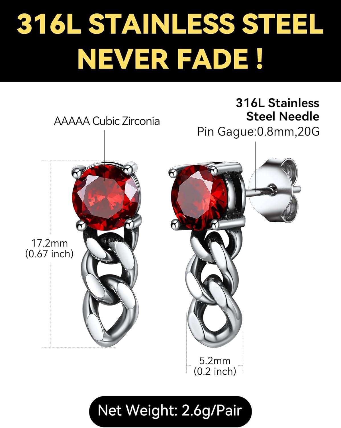 imageChainsHouse Mens Punk Chain Earrings with RedBlack Cubic Zirconia Studs Stainless Steel Hypoallergenic Drop Earrings for Men Hip Hop Street Style Jewelrye Red CZ Steel Chain