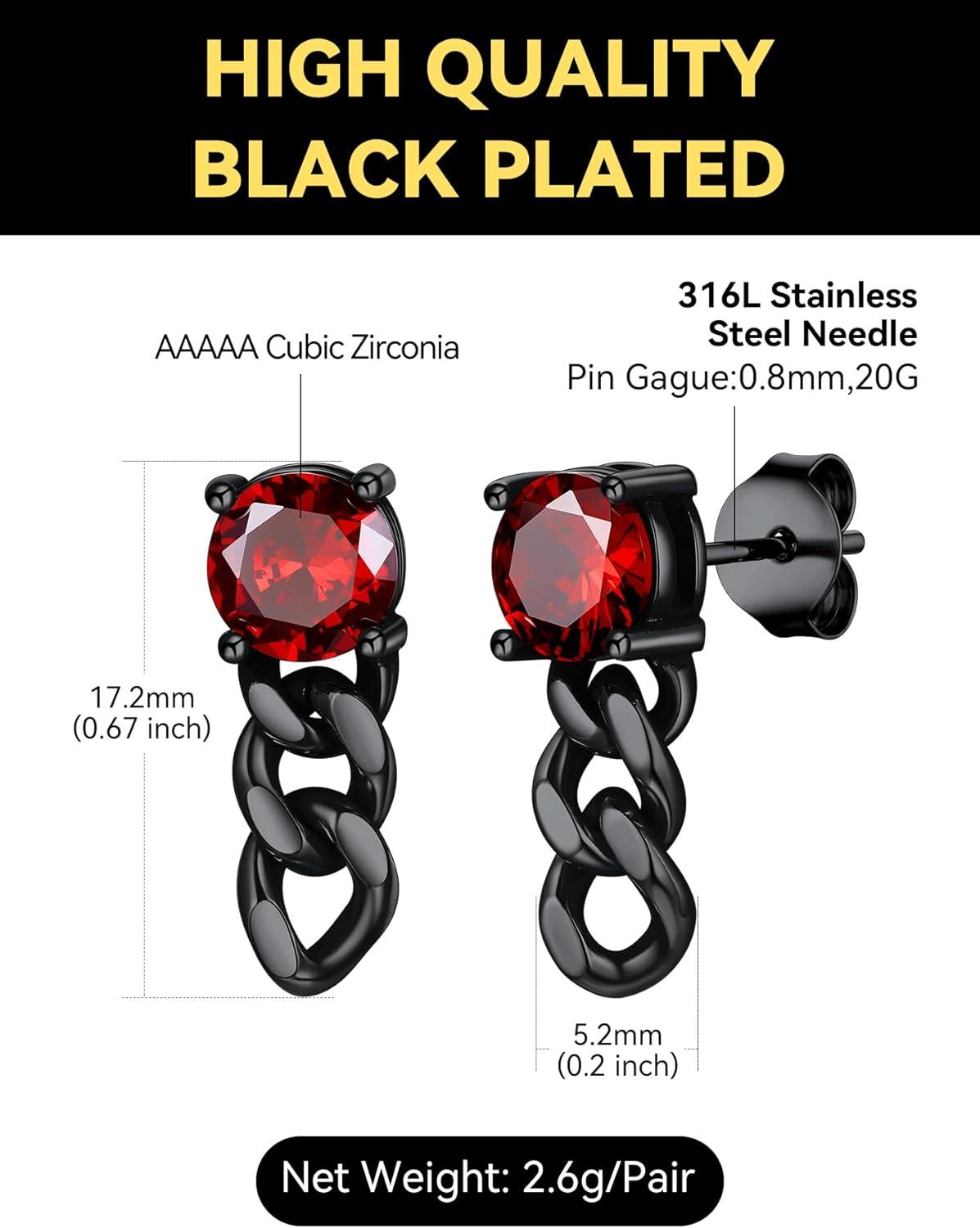 imageChainsHouse Mens Punk Chain Earrings with RedBlack Cubic Zirconia Studs Stainless Steel Hypoallergenic Drop Earrings for Men Hip Hop Street Style Jewelryg Red CZ Black Chain