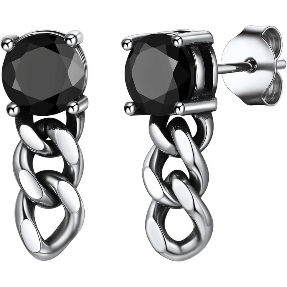 imageChainsHouse Mens Punk Chain Earrings with RedBlack Cubic Zirconia Studs Stainless Steel Hypoallergenic Drop Earrings for Men Hip Hop Street Style Jewelryf Black CZ Steel Chain