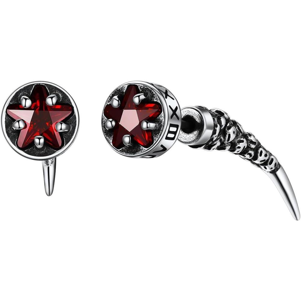 imageChainsHouse Mens Punk Chain Earrings with RedBlack Cubic Zirconia Studs Stainless Steel Hypoallergenic Drop Earrings for Men Hip Hop Street Style Jewelrya Red CZSteel Fang Stud