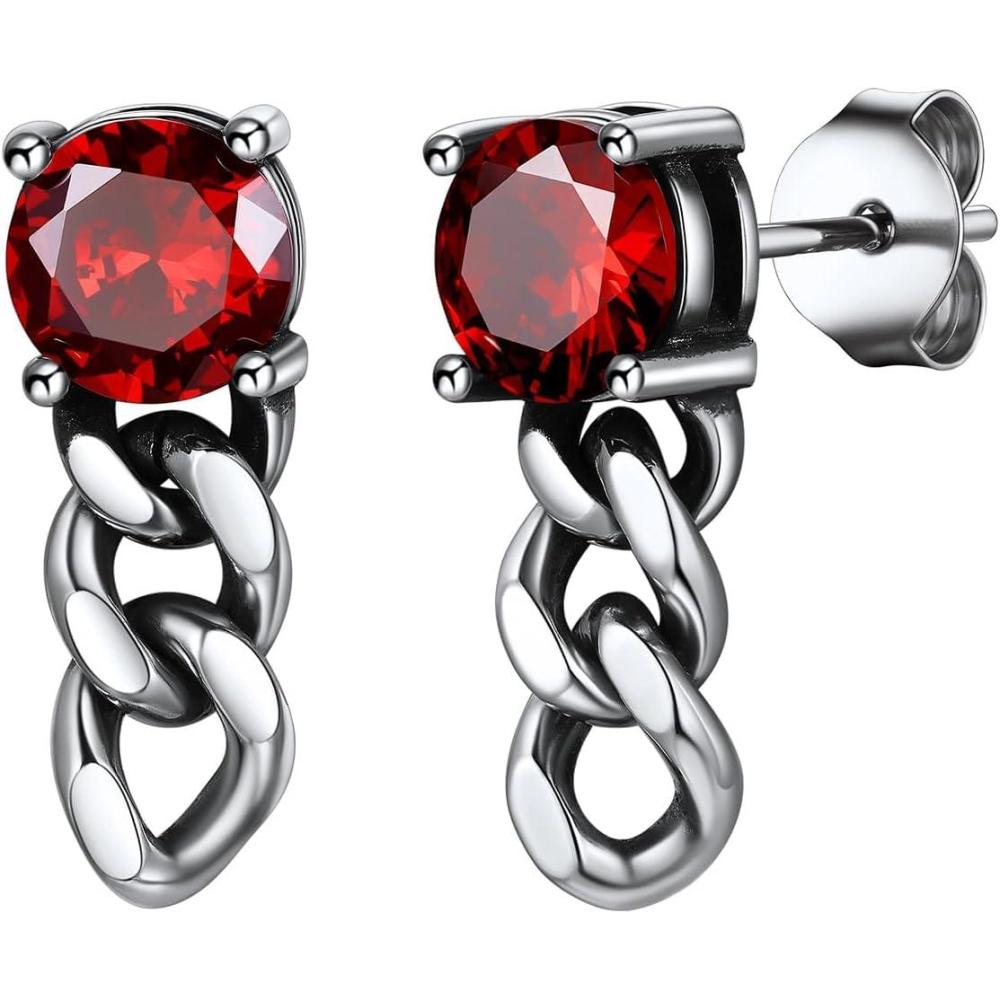 imageChainsHouse Mens Punk Chain Earrings with RedBlack Cubic Zirconia Studs Stainless Steel Hypoallergenic Drop Earrings for Men Hip Hop Street Style Jewelrye Red CZ  Steel Chain