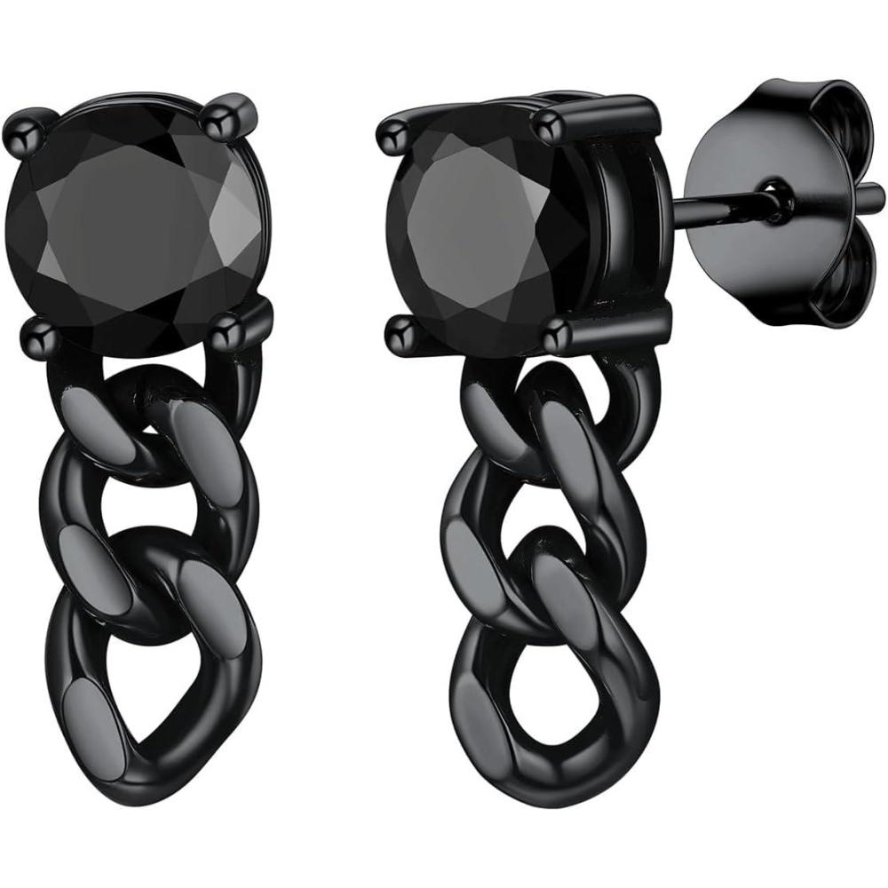 imageChainsHouse Mens Punk Chain Earrings with RedBlack Cubic Zirconia Studs Stainless Steel Hypoallergenic Drop Earrings for Men Hip Hop Street Style Jewelryh Black CZ  Black Chain