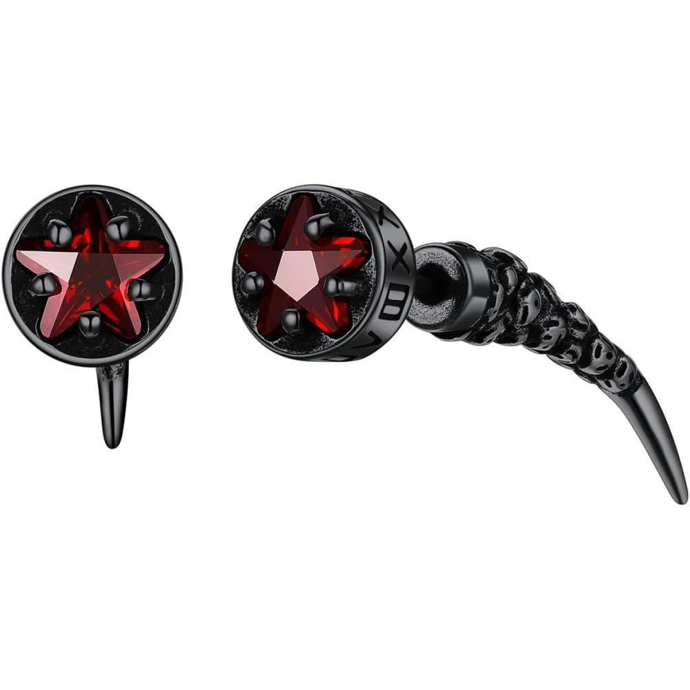 imageChainsHouse Mens Punk Chain Earrings with RedBlack Cubic Zirconia Studs Stainless Steel Hypoallergenic Drop Earrings for Men Hip Hop Street Style Jewelryc Red CZBlack Fang Stud