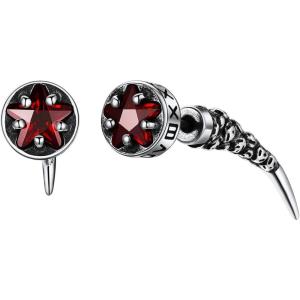 ChainsHouse Men’s Punk Chain Earrings with Red/Black Cubic Zirconia Studs, Stainless Steel Hypoallergenic Drop Earrings for Men, Hip Hop Street Style Jewelry(a. Red CZ-Steel Fang Stud)