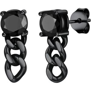 ChainsHouse Men’s Punk Chain Earrings with Red/Black Cubic Zirconia Studs, Stainless Steel Hypoallergenic Drop Earrings for Men, Hip Hop Street Style Jewelry(h Black CZ – Black Chain)